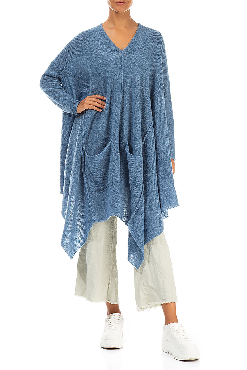 Asymmetrischer Wollpullover mit V-Ausschnitt in Petrolblau