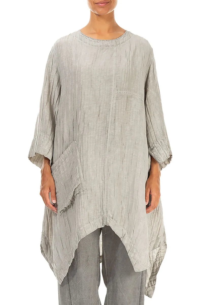 Asymmetric Washed Out Crinkled Taupe Silk Linen Tunic 1