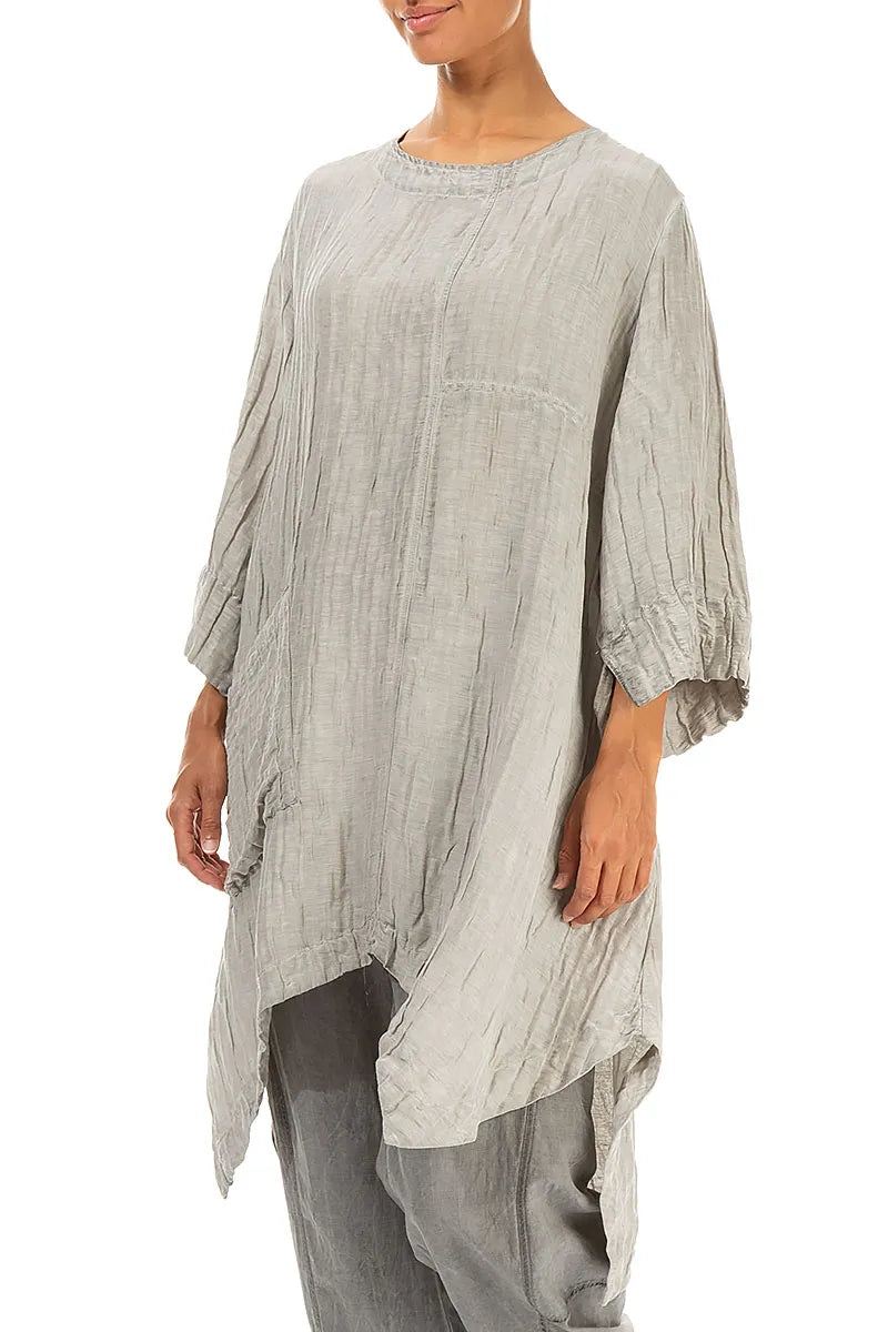 Asymmetric Washed Out Crinkled Taupe Silk Linen Tunic 3