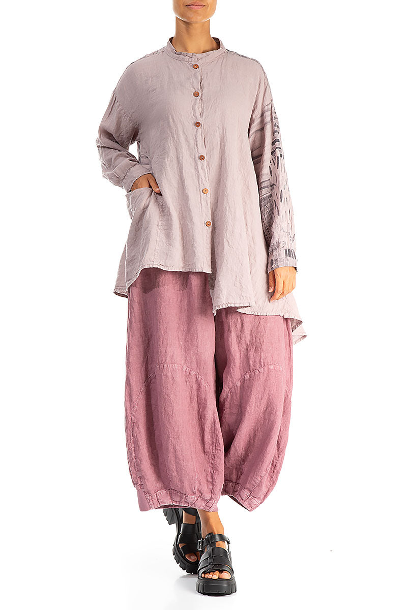 Asymmetrical Greige Printed Back Linen Shirt 4