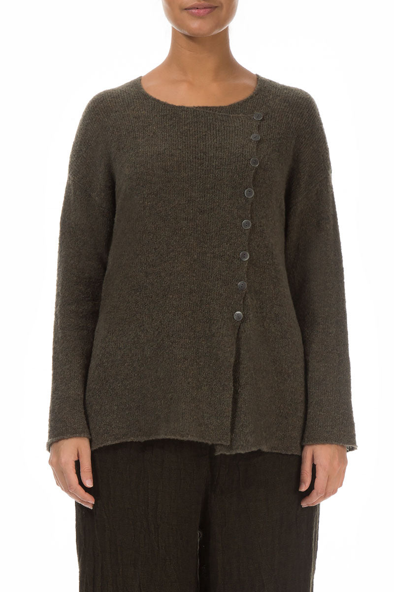 Asymmetrical Khaki Wool Cardigan