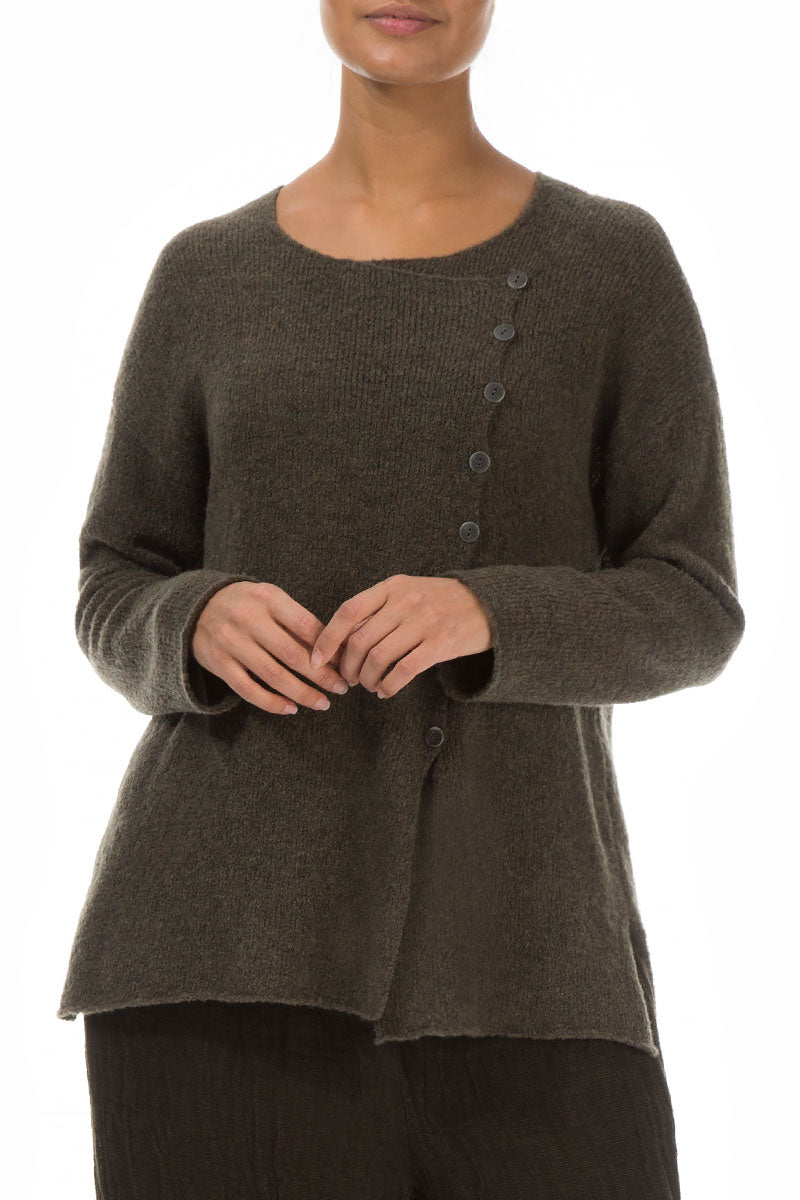 Asymmetrical Khaki Wool Cardigan