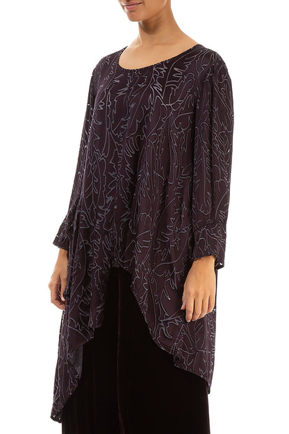 Asymmetrical Vintage Violet Devoré Feather Silk Tunic 3