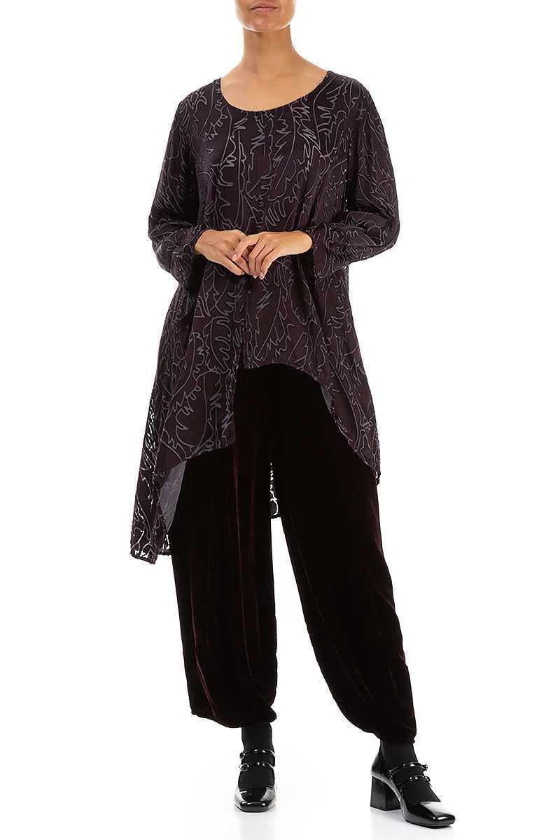 Asymmetrical Vintage Violet Devoré Feather Silk Tunic 4