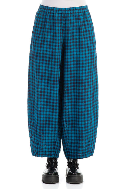 Back Pockets Blue Check Linen Trousers 1