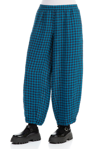 Back Pockets Blue Check Linen Trousers 3