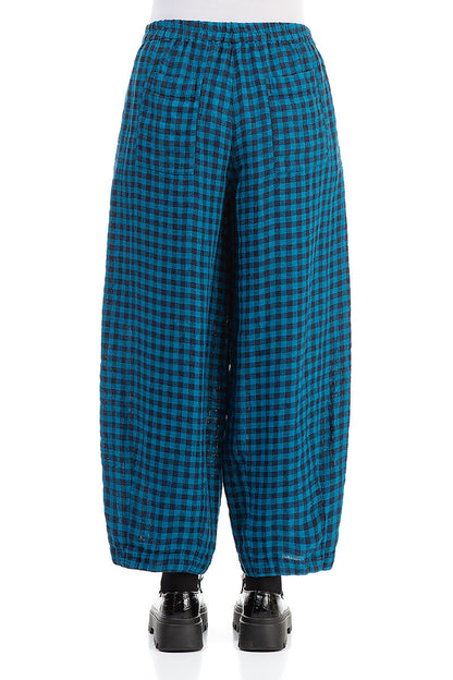 Back Pockets Blue Check Linen Trousers 2