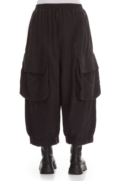 Baggy Ornamented Black Silk Cotton Trousers