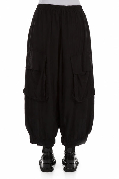 Baggy Pockets Black Silk Bamboo Trousers