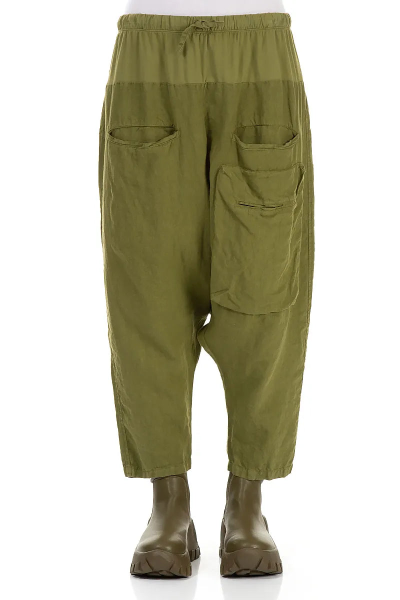 Baggy Three Pockets Olive Green Linen Trousers 1