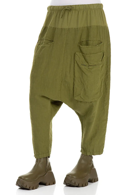 Baggy Three Pockets Olive Green Linen Trousers 3