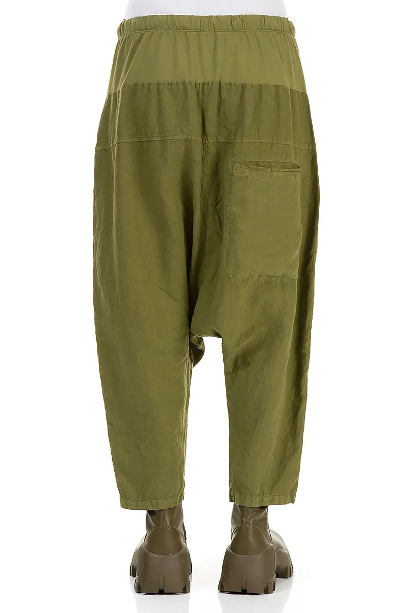 Baggy Three Pockets Olive Green Linen Trousers 2