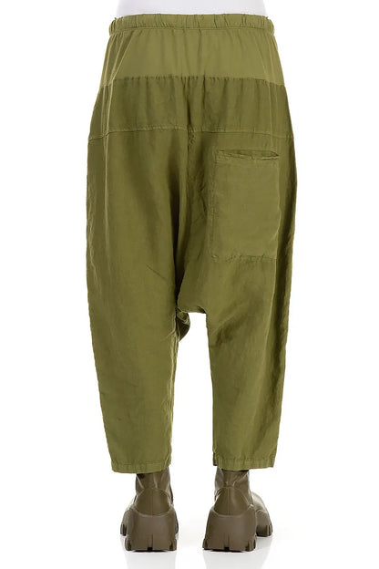 Baggy Three Pockets Olive Green Linen Trousers 2