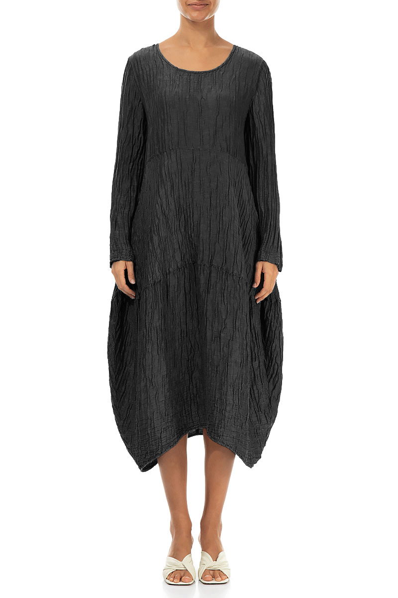 Long Sleeves Balloon Crinkled Black Silk Linen Dress 1