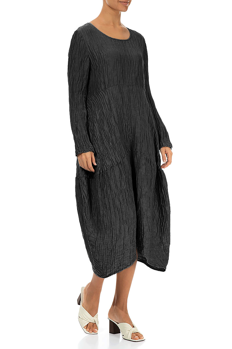 Long Sleeves Balloon Crinkled Black Silk Linen Dress 3