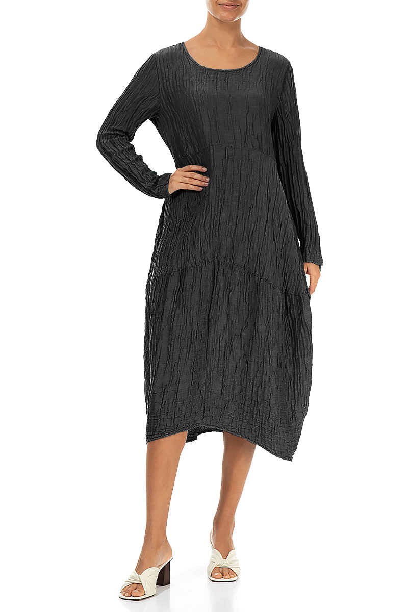 Long Sleeves Balloon Crinkled Black Silk Linen Dress 4