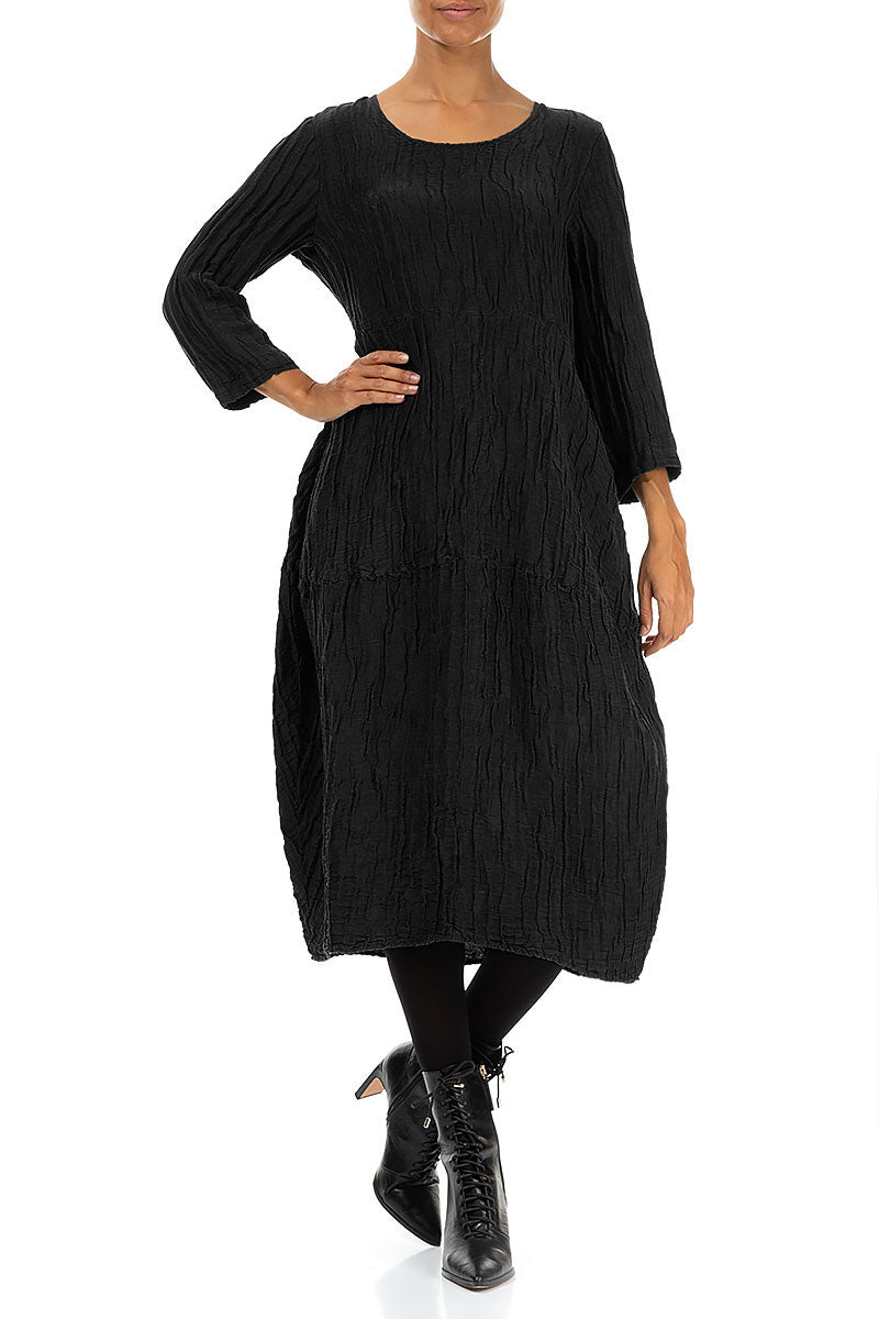 Balloon Crinkled Black Silk Linen Dress 4