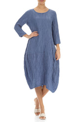 Balloon Crinkled Blue Nova Silk Linen Dress 4