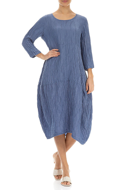 Balloon Crinkled Blue Nova Silk Linen Dress 4