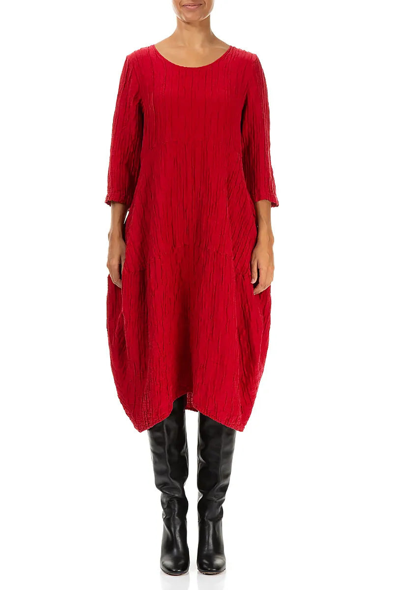 Balloon Crinkled Cherry Red Silk Linen Dress 1