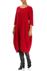 Balloon Crinkled Cherry Red Silk Linen Dress 3