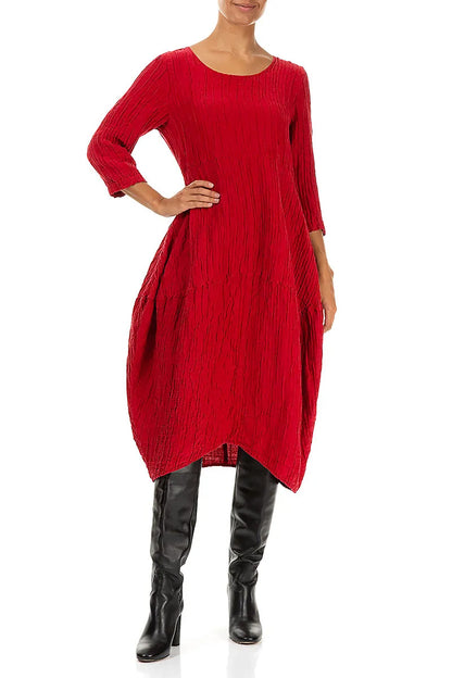 Balloon Crinkled Cherry Red Silk Linen Dress 4