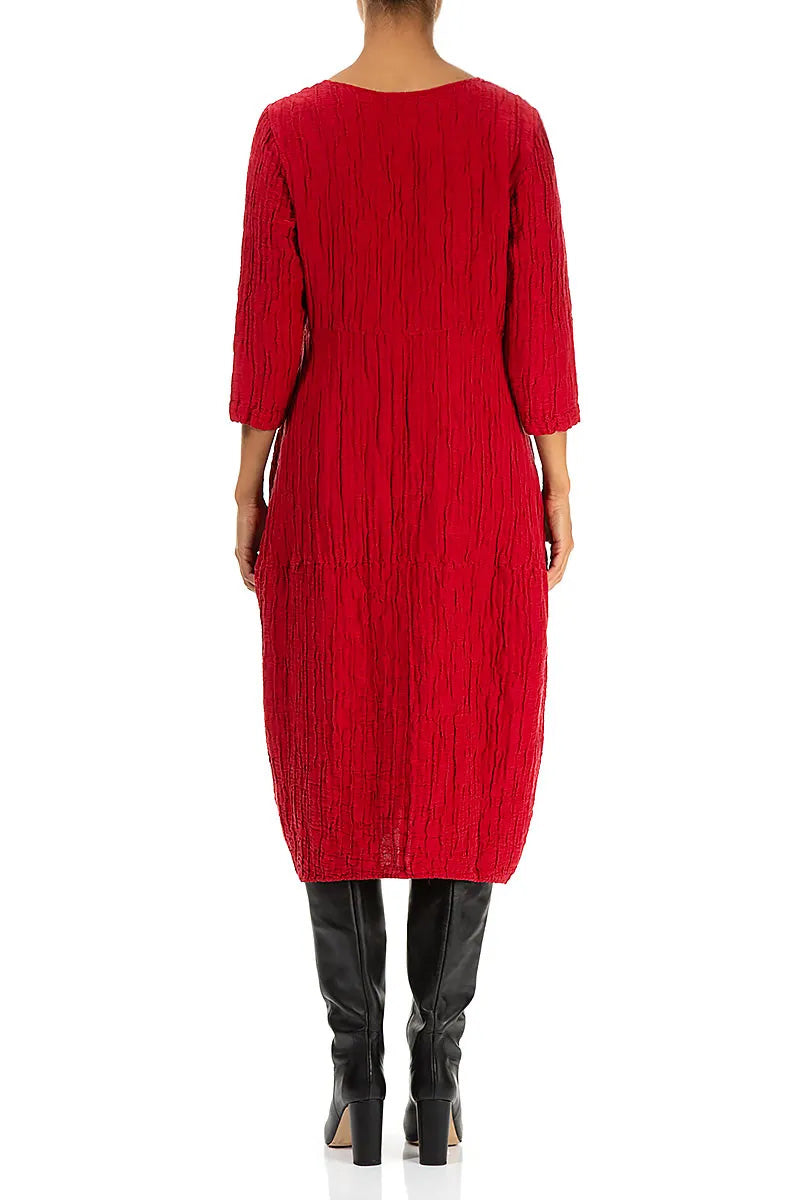 Balloon Crinkled Cherry Red Silk Linen Dress 2