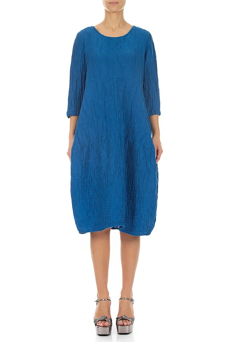 Balloon Crinkled Cobalt Blue Silk Linen Dress