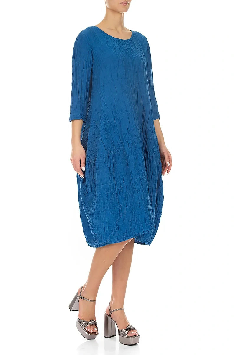 Balloon Crinkled Cobalt Blue Silk Linen Dress