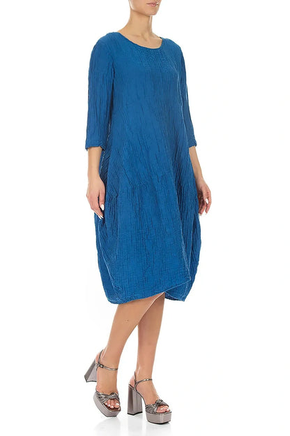 Balloon Crinkled Cobalt Blue Silk Linen Dress