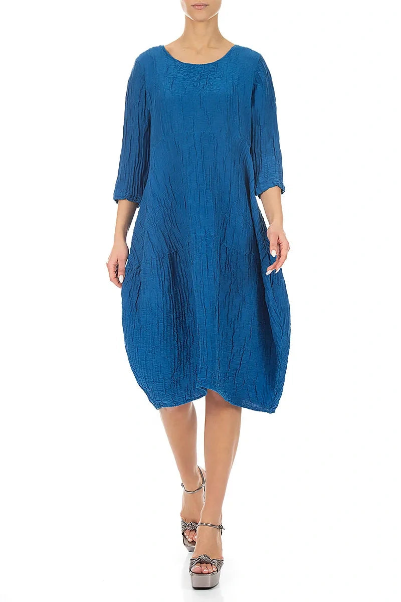 Balloon Crinkled Cobalt Blue Silk Linen Dress
