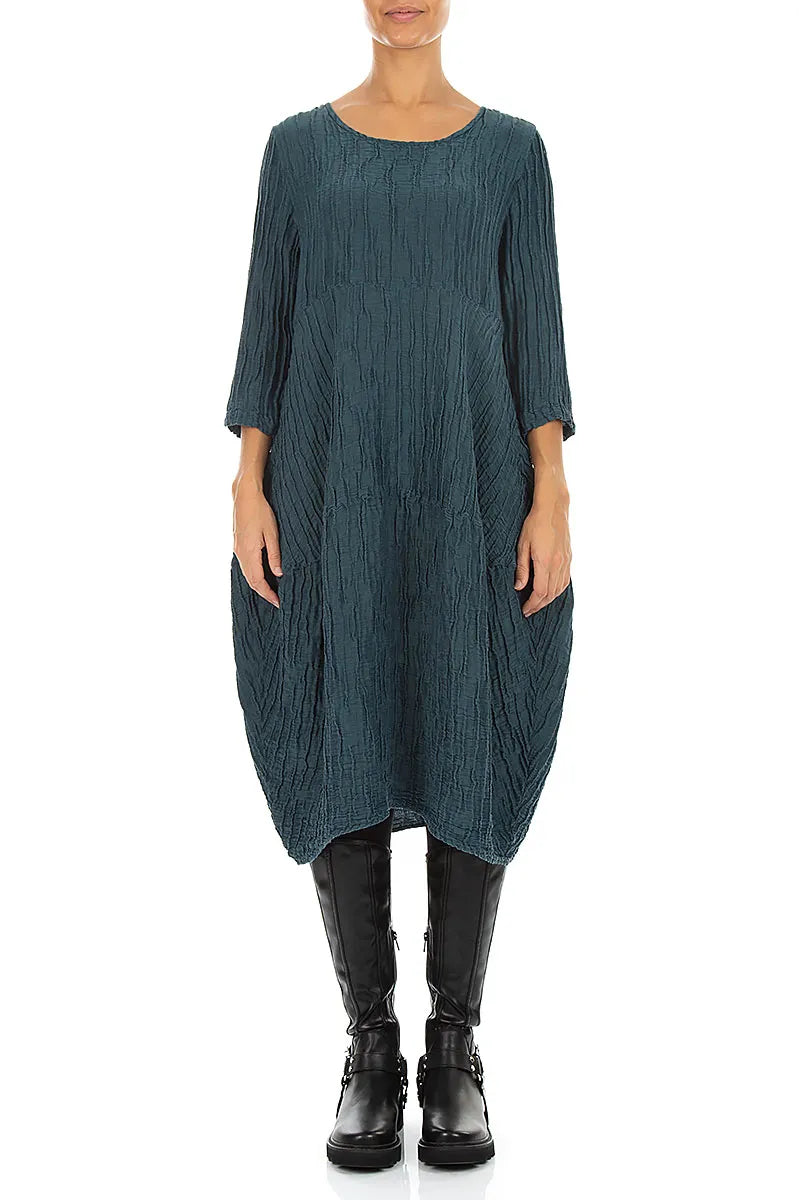 Balloon Crinkled Deep Turquoise Silk Linen Dress 1