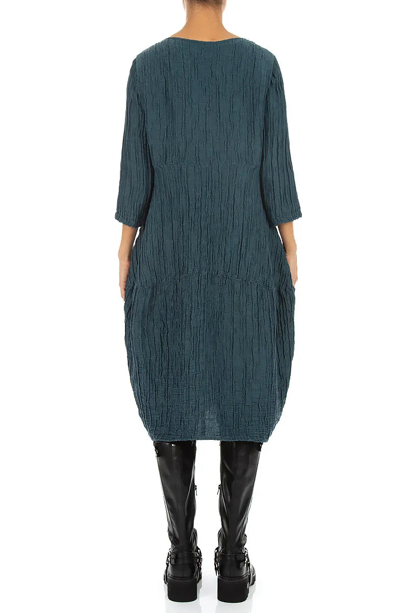 Balloon Crinkled Deep Turquoise Silk Linen Dress 2