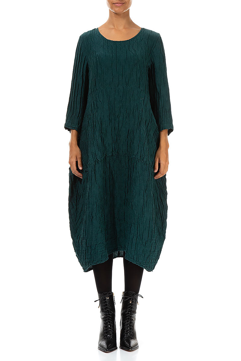 Balloon Crinkled Emerald Silk Linen Dress 1