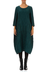 Balloon Crinkled Emerald Silk Linen Dress 1