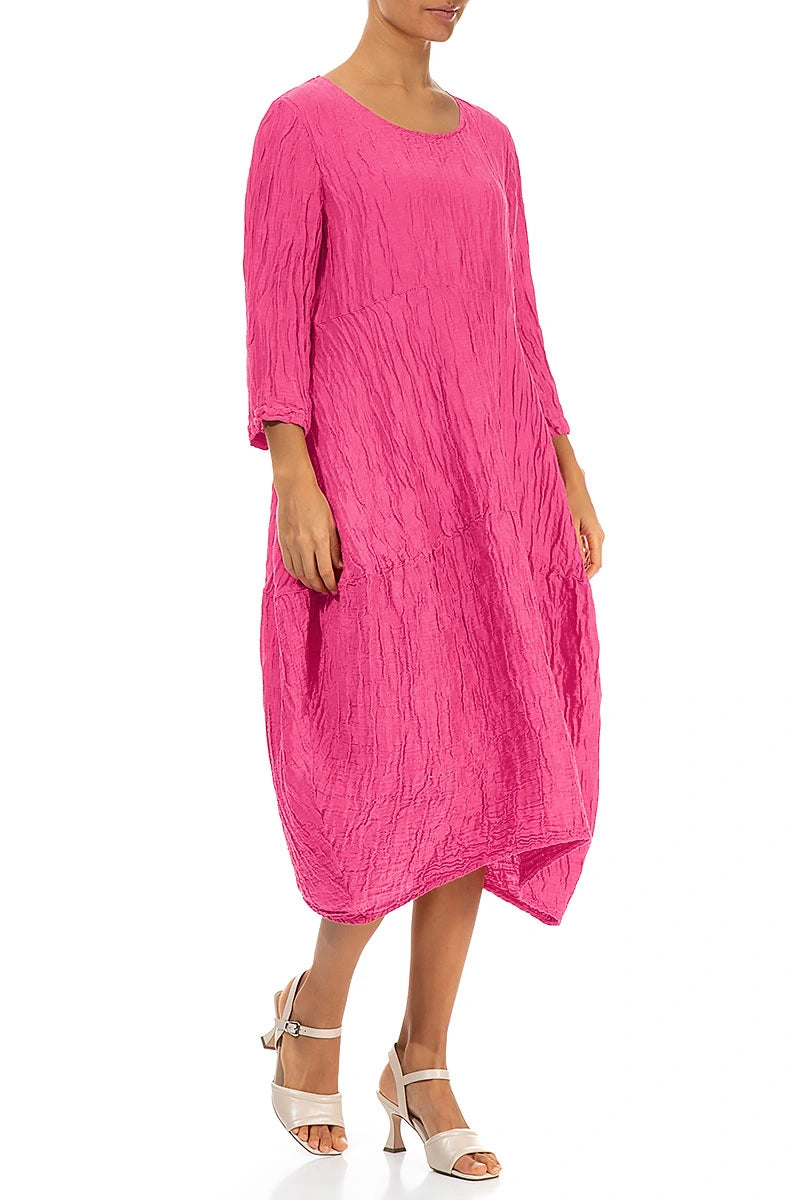 Balloon Crinkled Fuchsia Silk Linen Dress