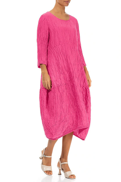 Balloon Crinkled Fuchsia Silk Linen Dress