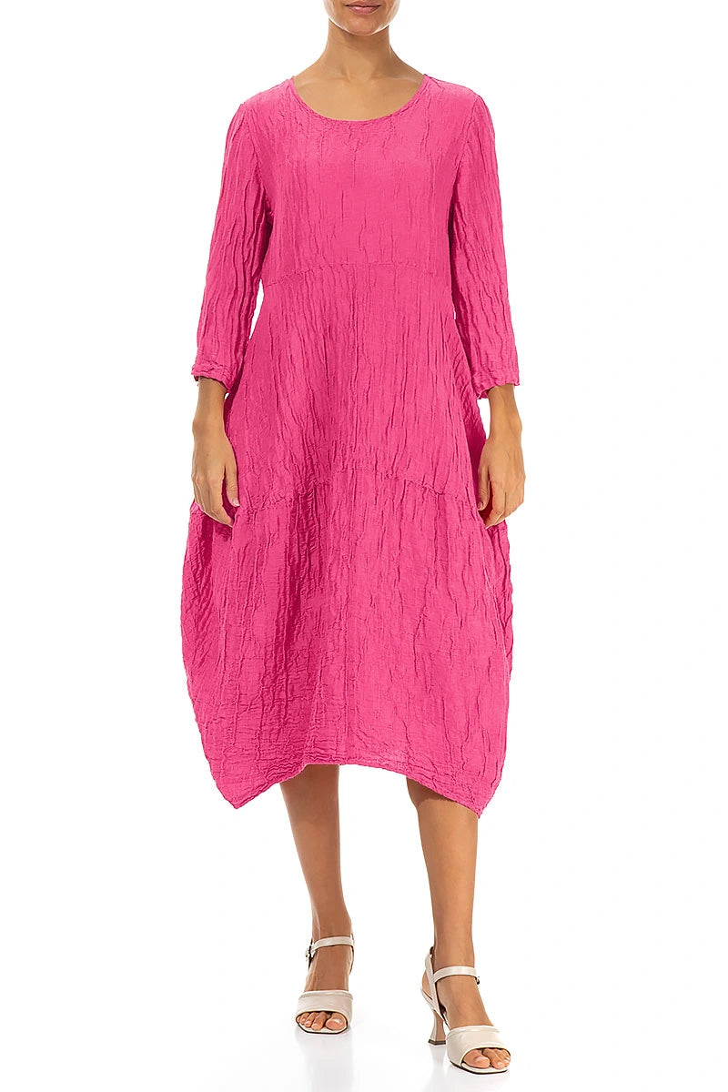 Balloon Crinkled Fuchsia Silk Linen Dress