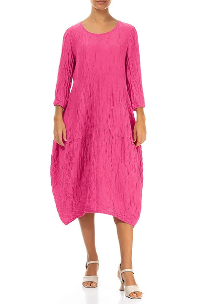 Balloon Crinkled Fuchsia Silk Linen Dress