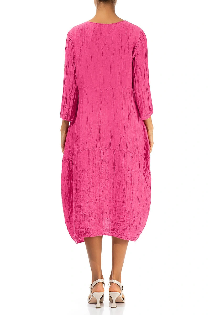 Balloon Crinkled Fuchsia Silk Linen Dress