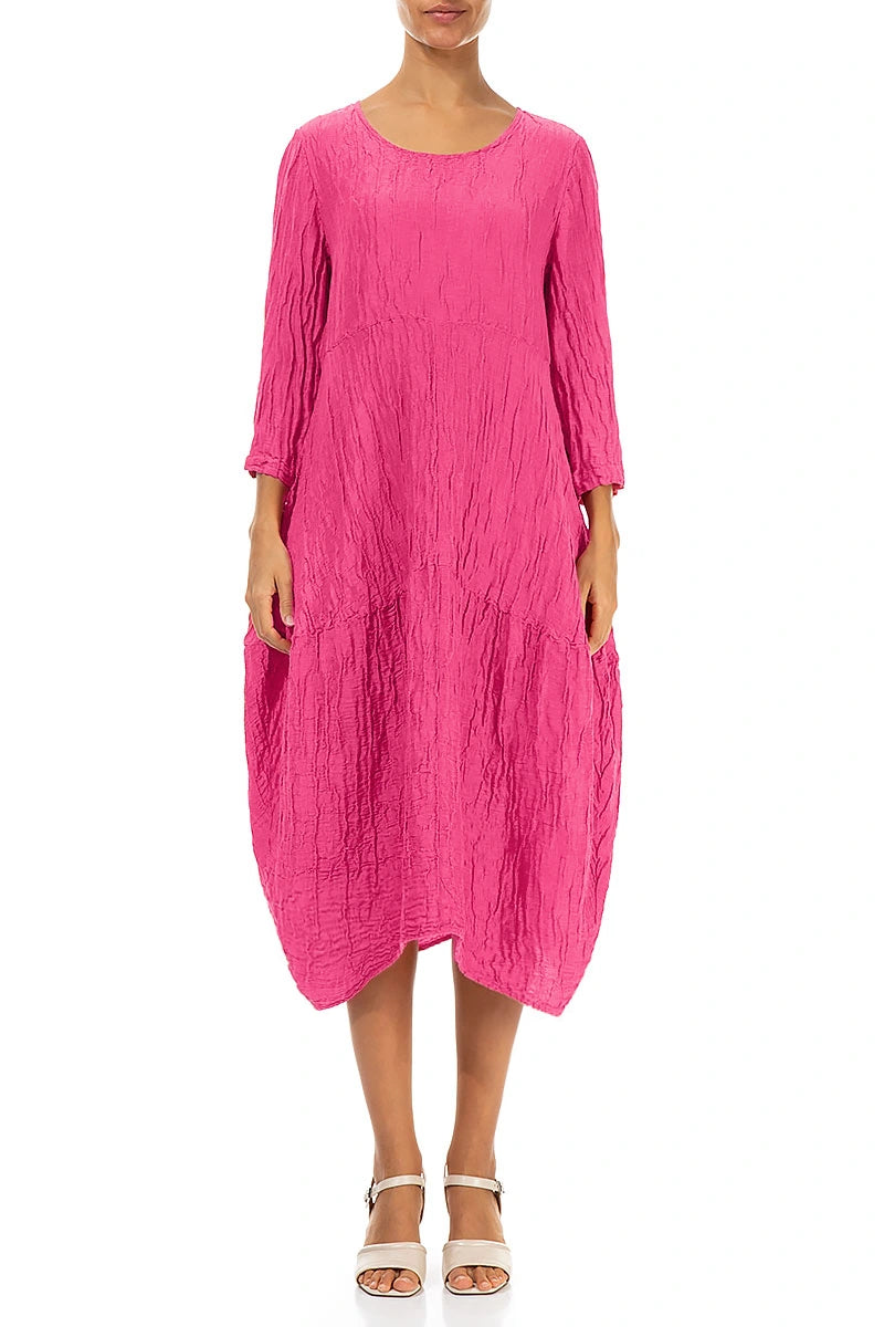 Balloon Crinkled Fuchsia Silk Linen Dress