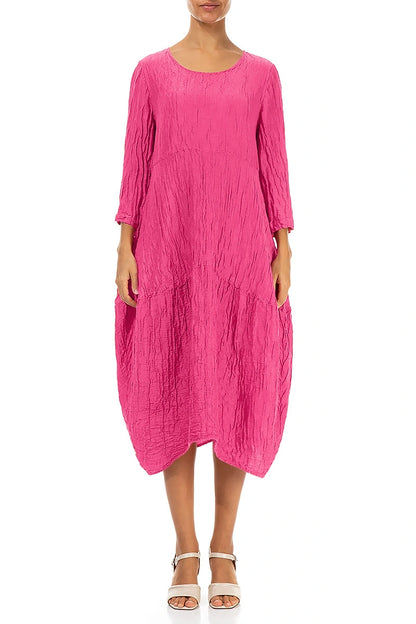 Balloon Crinkled Fuchsia Silk Linen Dress