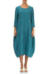Balloon Crinkled Turquoise Silk Linen Dress 1