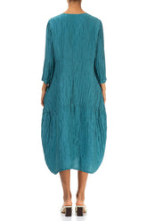 Balloon Crinkled Turquoise Silk Linen Dress 2