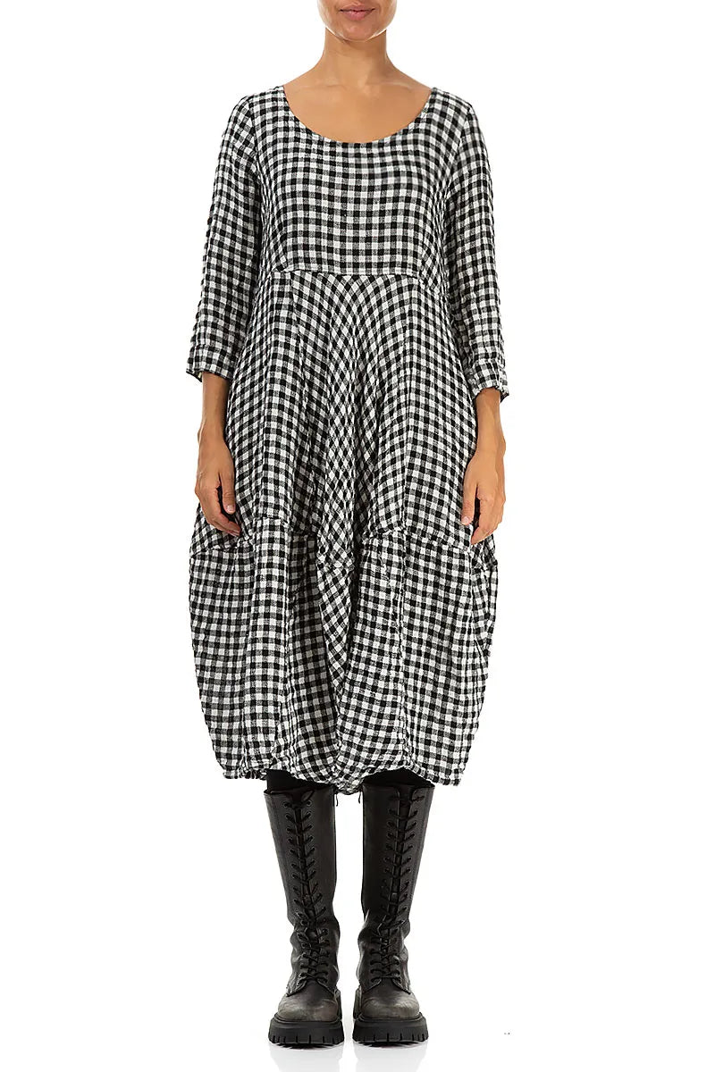 Balloon Cropped Sleeves Black &amp; White Check Linen Dress 1