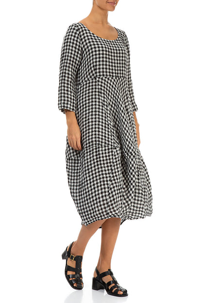 Balloon Cropped Sleeves Black &amp; White Check Linen Dress 3