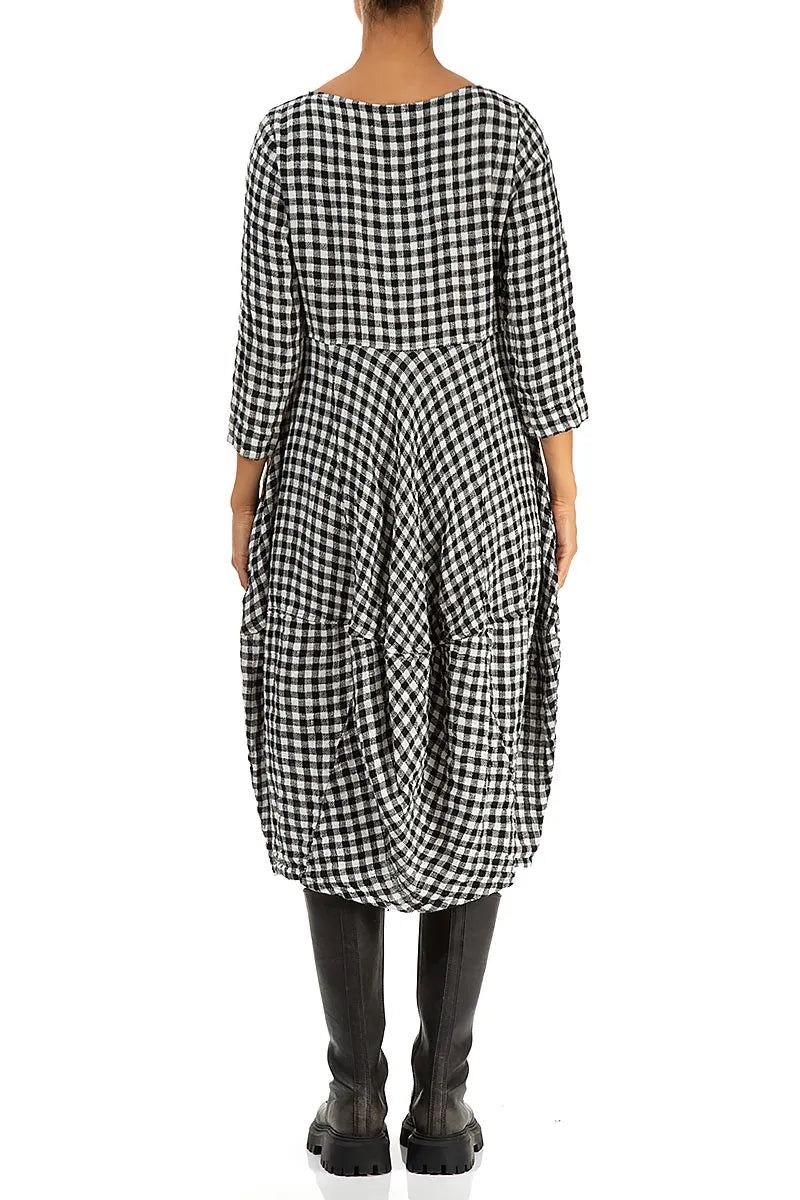 Balloon Cropped Sleeves Black &amp; White Check Linen Dress 2