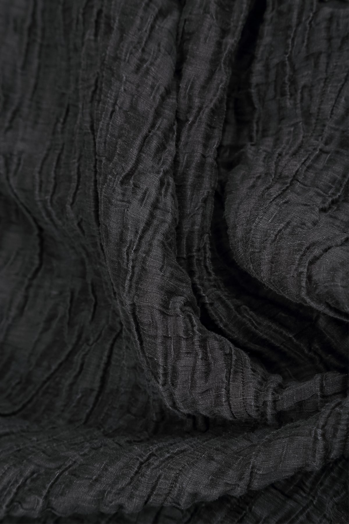 Balloon Cropped Sleeves Crinkled Charcoal Silk Linen Dress