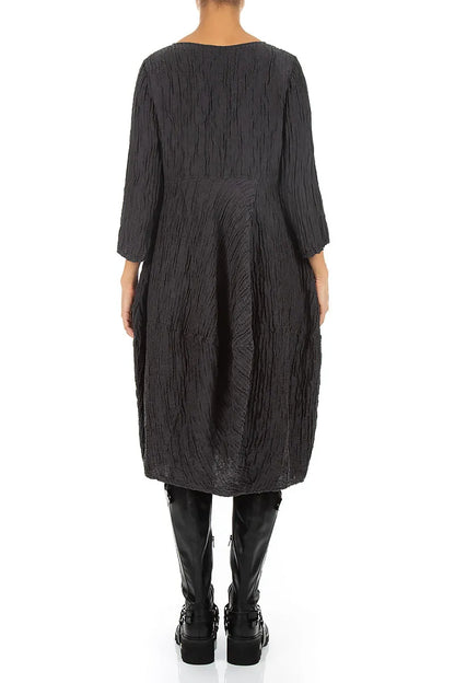 Balloon Cropped Sleeves Crinkled Charcoal Silk Linen Dress