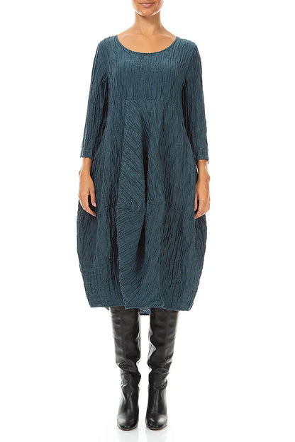 Balloon Cropped Sleeves Crinkled Deep Turquoise Silk Linen Dress 1